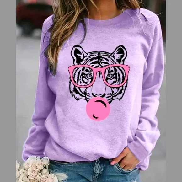 2FOR$30 - Purple Tiger in Pink Glasses Round Neck Sweatshirt w/Fleece Lining - Picture 2 of 4